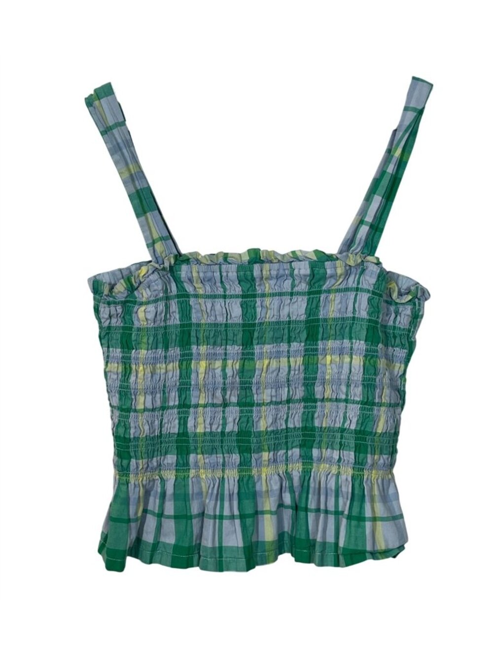 Free Assembly Smocked Plaid Tank Top Women’s Medium Blue Green Sleeveless Cute